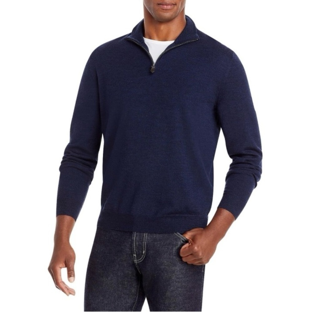 Bloomingdale's The Mens Store 1/4 Zip Merino Wool Sweater Navy Size XL
